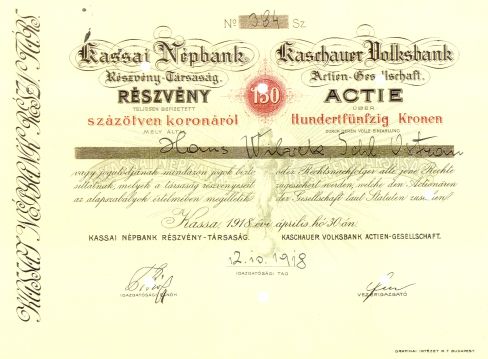 Košická ľudová banka - účastina, 1918