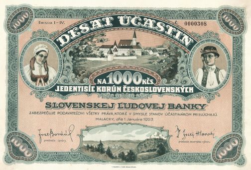 Slovenská ľudová banka, Bratislava - 10 účastín, 1923